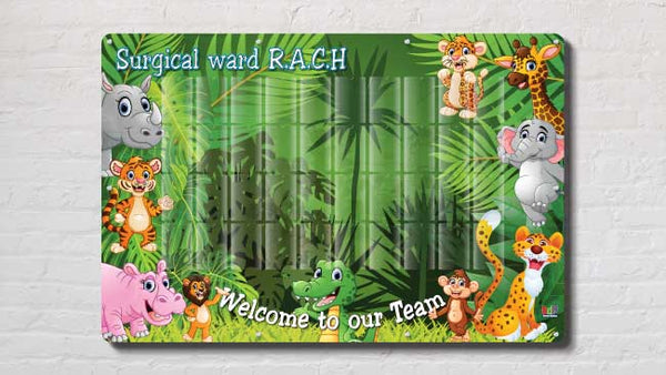 Custom NHS Children's Hospital Ward Staff Photoboard featuring friendly staff members, designed to create a welcoming environment. Names and job titles included